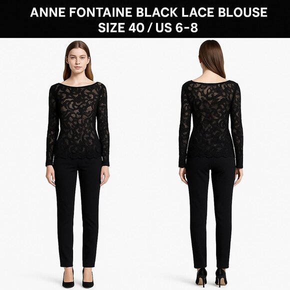 Anne Fontaine Black Lace Long Sleeve Blouse Size 40 / US 6-8 - Picture 1 of 13